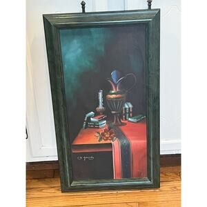 Framed Quality Hand Painted Oil Painting, Still Life with Jars 27.5 X 15.5”